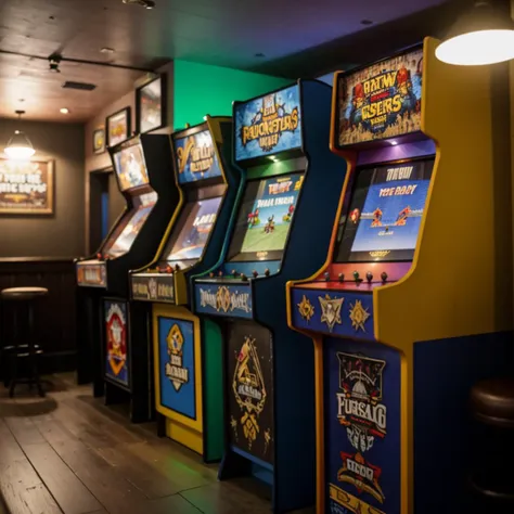 RAW photo of an arcade game in an irish pub, <lora:Arcade:.6>