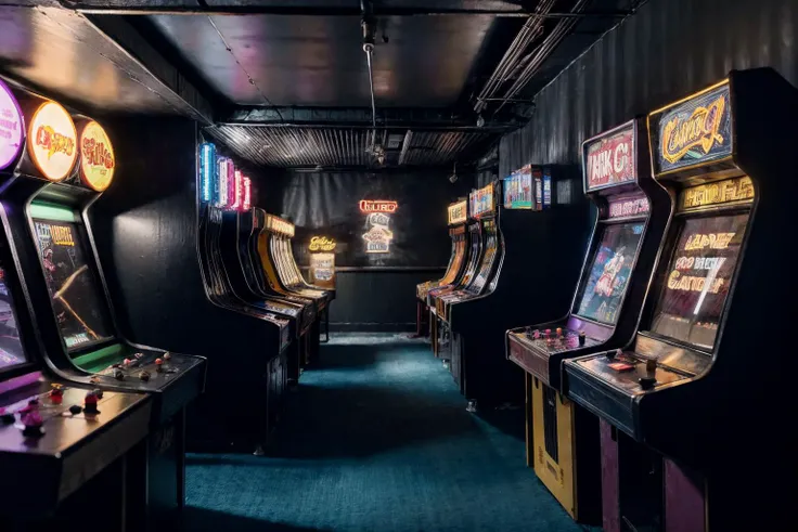 RAW photo of a row of arcade machines in a room with a neon sign above them that says pac paco and a cartoon character on the screen, Chica Macnab, video game, computer graphics, neogeo, carpeted floor <lora:Arcade:.6> , dimly lit, lighs, atmospheric<lora:add_detail:1> <lora:LowRA:1>