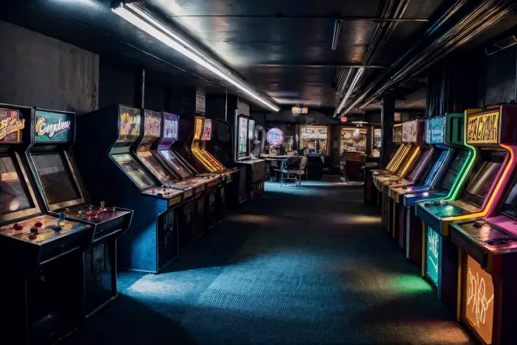RAW photo of a row of arcade machines in a room with a neon sign above them and a cartoon character on the screen, Chica Macnab, video game, computer graphics, nintendo, capcom, atari, carpeted floor <lora:Arcade:.6> , dimly lit, lighs, atmospheric<lora:add_detail:1> <lora:LowRA:1>