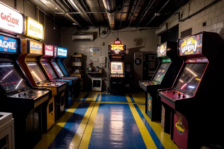 RAW photo of a a row of arcade machines in a room with a neon sign above them that says pac paco and a cartoon character on the screen, Chica Macnab, video game, computer graphics, neogeo<lora:Arcade:.6> , dimly lit, lighs, atmospheric<lora:add_detail:1>