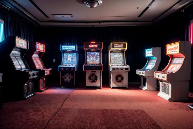 RAW photo of a a bunch of arcade machines sitting in a room with a red carpet and a red light on the floor, Beeple, retro, computer graphics, retrofuturism<lora:Arcade:.6> , dimly lit, lighs, atmospheric<lora:add_detail:1>