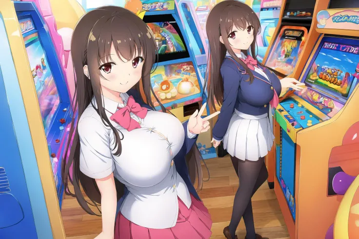 (arcade), (arcade cabinet), school uniform, gigantic breasts, multiple girls, 2girls, smile, button gap, <lora:Arcade-10:0.6>, <lora:tworship-10:0.6>