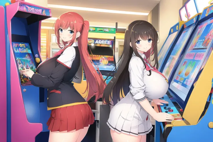 (arcade), (arcade cabinet), school uniform, gigantic breasts, multiple girls, 2girls, smile, button gap, <lora:Arcade-10:0.6>, <lora:tworship-10:0.6>