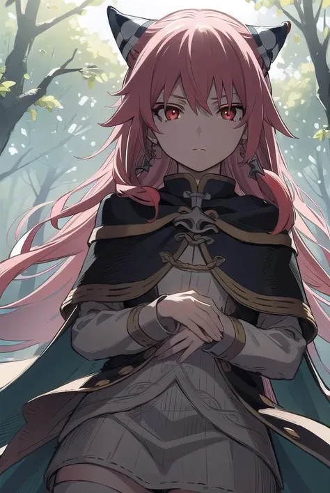 rengokuashe, <lora:rengokuashe-lora-nochekaiser:0.8>,
rengoku ashe, long hair, (red eyes:1.5), pink hair, earrings,
BREAK thighhighs, long sleeves, capelet, cape, dress, white dress,
BREAK outdoors, nature, forest,
BREAK looking at viewer, (cowboy shot:1.5),
BREAK <lyco:GoodHands-beta2:1>, (masterpiece:1.2), best quality, high resolution, unity 8k wallpaper, (illustration:0.8), (beautiful detailed eyes:1.6), extremely detailed face, perfect lighting, extremely detailed CG, (perfect hands, perfect anatomy),