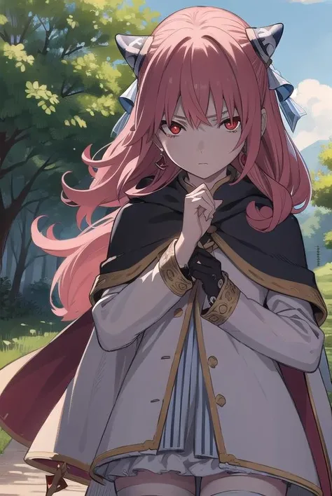 rengokuashe, <lora:rengokuashe-lora-nochekaiser:0.8>,
rengoku ashe, long hair, (red eyes:1.5), pink hair, earrings,
BREAK thighhighs, long sleeves, capelet, cape, dress, white dress,
BREAK outdoors, nature, forest,
BREAK looking at viewer, (cowboy shot:1.5),
BREAK <lyco:GoodHands-beta2:1>, (masterpiece:1.2), best quality, high resolution, unity 8k wallpaper, (illustration:0.8), (beautiful detailed eyes:1.6), extremely detailed face, perfect lighting, extremely detailed CG, (perfect hands, perfect anatomy),