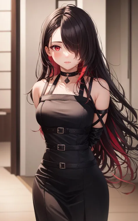 best quality, intricate details, chromatic aberration, 1girl, long hair, black hair, messy hair, red highlights, hair over one eye, red eyes, sharp eyes, choker,

armbinder, arms behind back, bound arms,  <lora:armbinder_v10:0.6>