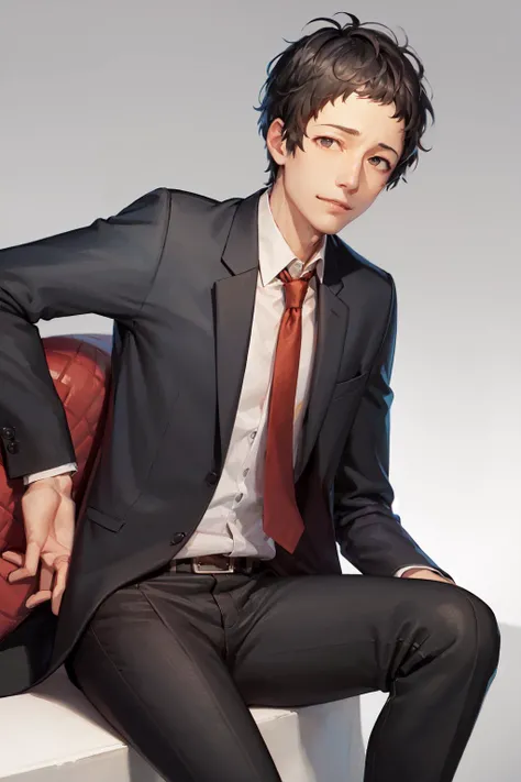 (masterpiece, best quality:1.2), <lora:persona4_adachi-10:1>, solo, male focus, 1boy, adachi tohru, evil smile, looking at viewer, sitting, crossed legs, formal, suit, red necktie, black pants