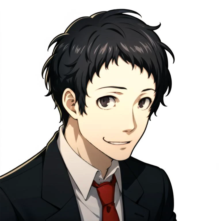 masterpiece,best quality,portrait, solo,male focus, 1boy, (white background, simple background),adachi tohru, evil smile,small Pupil, looking at viewer, suit, red necktie,shaded face, <lora:p5_Portrait_v0.3:0.7><lora:persona4_adachi-10:1>