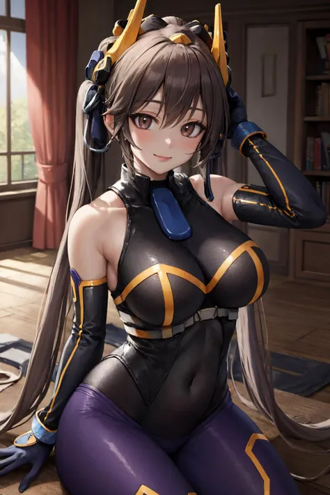 (masterpiece, best quality:1.2), intricate details, <lyco:GoodHands-beta2:1>, <lora:ygo_ip_masquerena-000014:1>, ip2, 1girl, headgear, bodysuit, bare shoulders, twintails, elbow gloves, light smile, large breasts, mature female