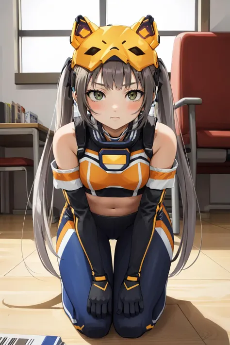 (masterpiece, best quality),  intricate details,
1girl,     <lora:ygo_ip_masquerena-000014:0.8> ip1, 1girl, cat mask, crop top, tight pants, twintails, short sleeves, gloves, ip2, 1girl, headgear, bodysuit, bare shoulders, twintails, elbow gloves
 <lora:Concept_Pout:1> pout, indoors,  <lora:Concept_Seiza-LookingUp:0.8> seiza, kneeling, leaning forward hands on knees,