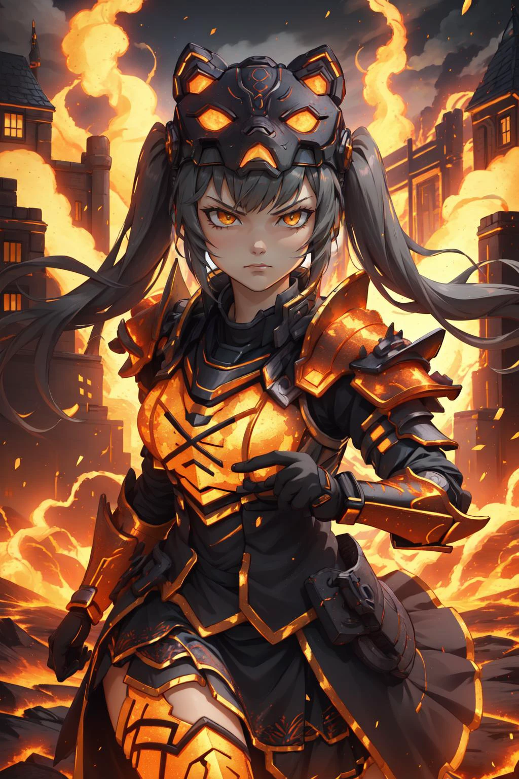 (masterpiece, best quality), intricate details,
1girl, <lora:ygo_ip_masquerena-000014:0.8> ip1, 1girl, cat mask, twintails,
<lora:Clothing - Ember Armor_v2:0.6> emb3r4rmor, embers, glowing, burning, battlefield, castle, war, debris, smoke, fire, armor, gauntlets, pauldrons, skirt, angry, glaring, lava,