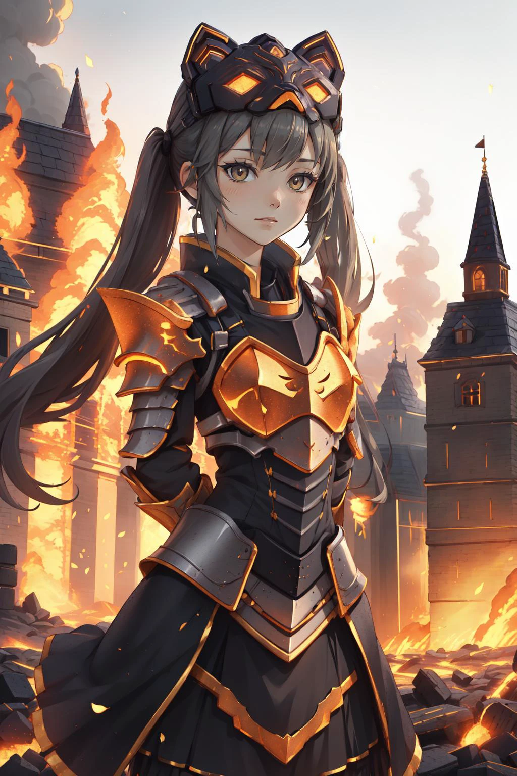 (masterpiece, best quality), intricate details,
1girl, <lora:ygo_ip_masquerena-000014:0.8> ip1, 1girl, cat mask, twintails,
<lora:Clothing - Ember Armor_v2:0.6> emb3r4rmor, embers, glowing, burning, arms behind back, battlefield, castle, war, debris, smoke, fire, armor, gauntlets, pauldrons, skirt,