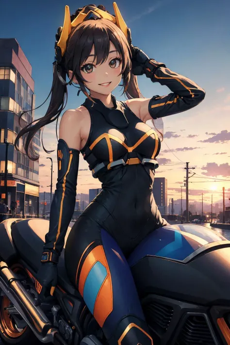 (masterpiece, best quality:1.2), intricate details, <lyco:GoodHands-beta2:1>, <lora:ygo_ip_masquerena-000014:1>, ip2, 1girl, headgear, bodysuit, bare shoulders, twintails, elbow gloves, light smile, motorcycle, riding