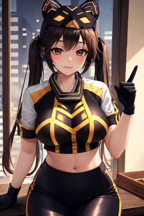 ((8k, best quality, masterpiece:1.2), ultra-detailed, (high brightness:1.3), (high contrast:1.1), (high saturation:1.1), (anime screencap:1.20), 1 girl, (hokko tarumae\(umamusume\)), (long hair:1.2), (animal ears, horse girl), (hair ornament:1.5), green eyes, black hair, blunt bangs, animal ears, horse tail, multicolored hair, streaked hair, brown eyes, long hair, horse ears, purple eyes, bangs, ((twin braids:1.10)), horse girl, brown hair, cute, ((beautiful eyes:1.2)), (cute eyes:1.2), ((Detailed details eyes:1.5)), cute, (((gigantic breasts:1.20))), (((puffy nipples:1.20))), ((covered nipples:1.10)), hair bow, ((official alternate costume:1.5)), (baseball cap, ears through headwear), black headwear, (shiny black jacket, zipper, long sleeves), (shiny black crop top:1.5), (((midriff peek:1.10))), (((ultra low-rise grey pants:1.20, upper buttocks:1.20, Thong:1.10))), ((cute smile, happy, red blush)), (plump body:1.5), ((dynamic angle:1.5)),