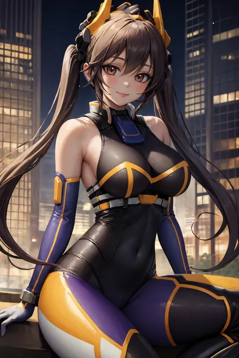 (masterpiece, best quality:1.2), intricate details, <lyco:GoodHands-beta2:1>, <lora:ygo_ip_masquerena-000014:1>, ip2, 1girl, headgear, bodysuit, bare shoulders, twintails, elbow gloves, light smile, large breasts, mature female