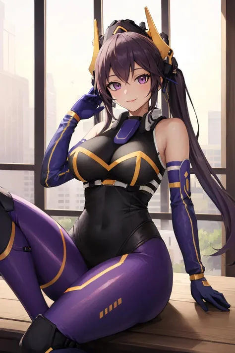 (masterpiece, best quality:1.2), intricate details, ip2, 1girl, headgear, bodysuit, bare shoulders, twintails, elbow gloves, light smile, large breasts, mature female, purple eyes, big ass, looking from behind.