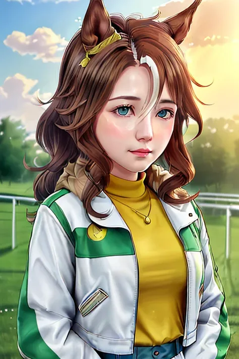 ((photorealistic)), ((HDR)), cinematic photography, cinematic still shot, masterpiece, original, illustration, an extremely delicate and beautiful, extremely detailed CG unity 8k wallpaper, dynamic
umamusume, <lora:Mejiro Palmer:0.8>, brown hair, animal ears, horse ears, hair_ornaments, white jacket, yellow shirt, green strips