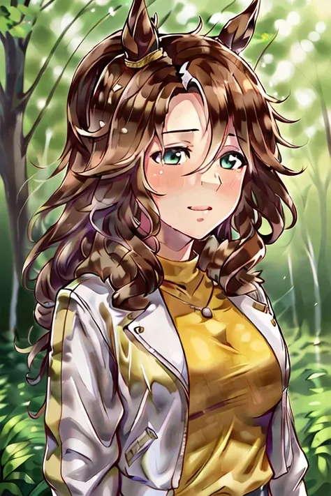 ((photorealistic)), original, an extremely delicate and beautiful, extremely detailed CG unity 8k wallpaper, highlight, sharpening, dynamic, bokeh, (depth of field), dramatic illumination,
umamusume, <lora:Mejiro Palmer:0.8>, brown hair, animal ears, horse ears, hair_ornaments, white jacket, yellow shirt