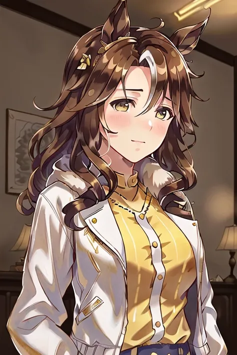 ((photorealistic)), original, illustration, an extremely delicate and beautiful, extremely detailed CG unity 8k wallpaper, dynamic, dramatic illumination,
umamusume, <lora:Mejiro Palmer:0.6>, brown hair, animal ears, horse ears, hair_ornaments, white jacket, yellow shirt