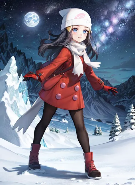 ((best quality)), ((highly detailed)), masterpiece, absurdres, extremely detailed face, beautiful face, (detailed eyes, deep eyes), (1girl), full body, <lora:hairdetailer:.7>, <lora:DawnLora:.7>, dawn \(pokemon\), black hair, medium hair, blue eyes, smiling, red coat, white headwear, white scarf, beanie, (on a glacier, midnight, night sky, stars, blue moon)