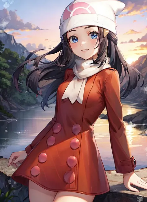 ((best quality)), ((highly detailed)), masterpiece, absurdres, (detailed eyes, deep eyes), (1girl), dynamic pose, cowboy shot, <lora:DawnLora:.7>, dawn \(pokemon\), black hair, medium hair, blue eyes, smiling, red coat, white headwear, white scarf, beanie, (in an island, sunset)