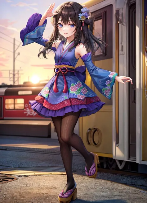 ((best quality)), ((highly detailed)), masterpiece, absurdres, detailed face, beautiful face, (detailed eyes, deep eyes), (1girl), dynamic pose, full body, <lora:hairdetailer:.7>, <lora:DawnLora:.7>, dawn \(pokemon\), black hair, medium hair, blue eyes, smiling, japanese clothes, hair ornament, blue kimono, red skirt, detached sleeves, long sleeves, bare shoulders, skirt under kimono, (at a train station, sunset)