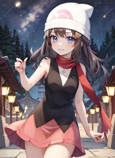 ((best quality)), ((highly detailed)), masterpiece, absurdres, extremely detailed face, beautiful face, (detailed eyes, deep eyes), (1girl), cowboy shot, <lora:DawnLora:.7>, dawn \(pokemon\), black hair, medium hair, blue eyes, smiling, black shirt, sleeveless, red scarf, pink skirt, white headwear, beanie, (in a temple, evening, night sky, stars, half moon)