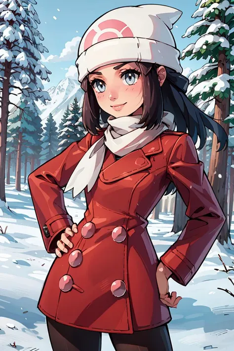 ((masterpiece, best quality)),   <lora:DawnLora:0.7>, dawn \(pokemon\), forest, pine tree, snow, red coat, white headwear, white scarf, beanie, smile, hand on hip, contrapposto