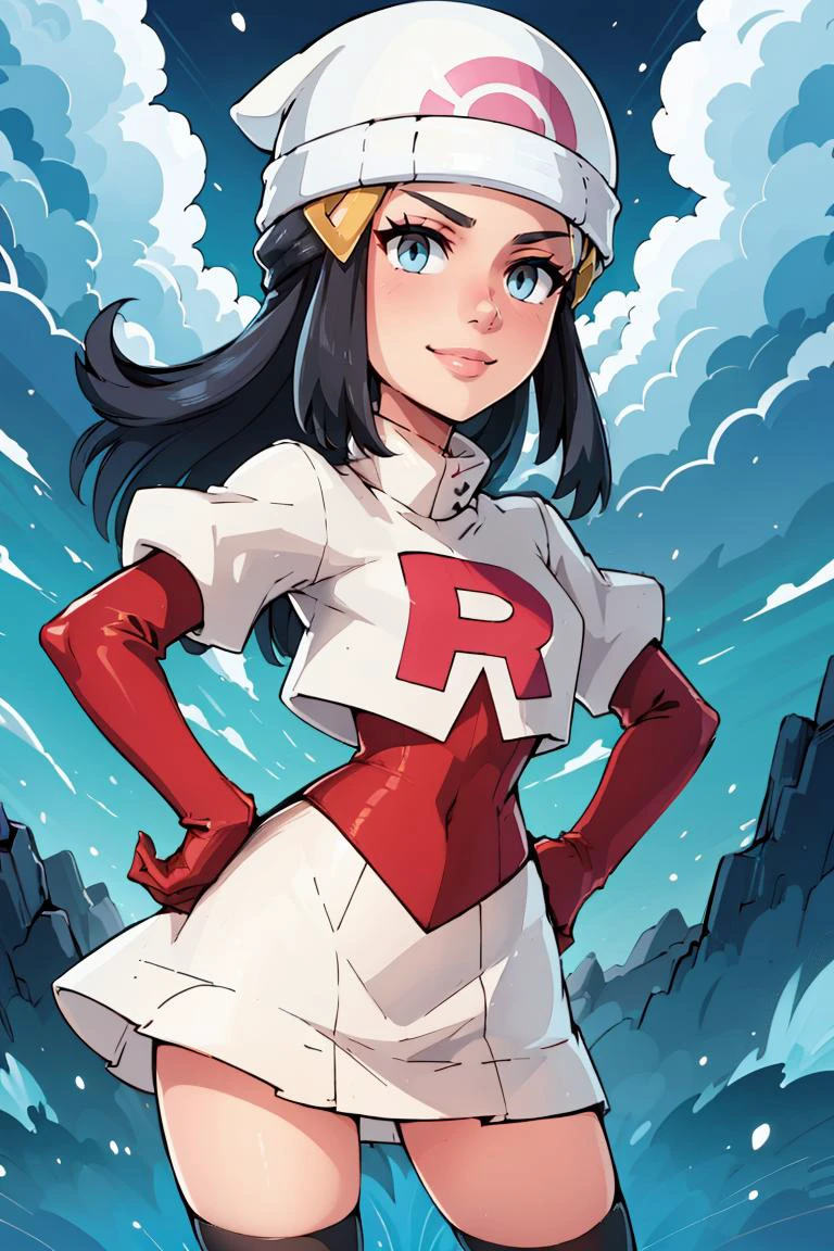 ((masterpiece, best quality)), <lora:DawnLora:0.7>, dawn \(pokemon\), team rocket uniform, white jacket, cropped jacket, white skirt, glare, smile, white headwear, beanie, black gloves, elbow gloves, black thighhighs, hand on hip, contrapposto,