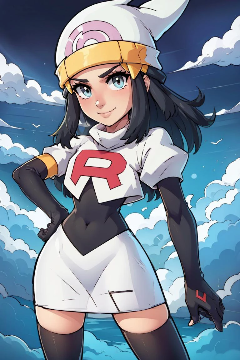 <lora:twistedscarlett60_style:0.8>,((masterpiece, best quality)), <lora:DawnLora:0.7>, dawn \(pokemon\), team rocket uniform, white jacket, cropped jacket, white skirt, glare, smile, white headwear, beanie, black gloves, elbow gloves, black thighhighs, hand on hip, contrapposto,