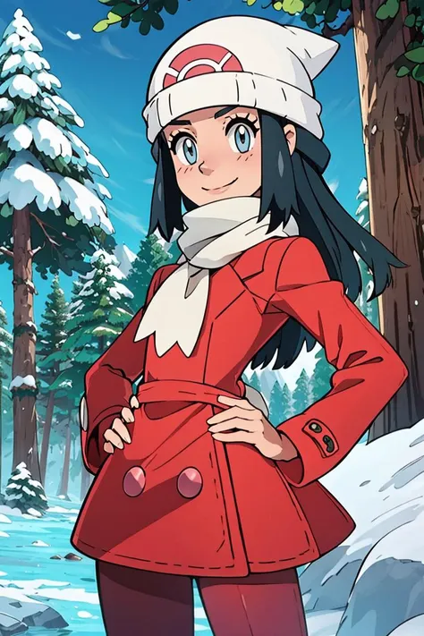 <lora:Alola_Style:0.5>,((masterpiece, best quality)),   <lora:DawnLora:0.7>, dawn \(pokemon\), forest, pine tree, snow, red coat, white headwear, white scarf, beanie, smile, hand on hip, contrapposto