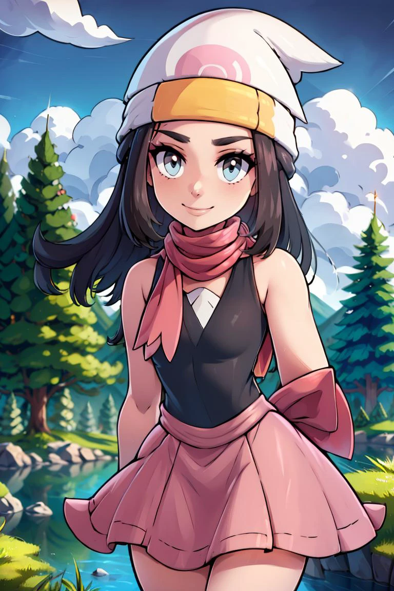 <lora:twistedscarlett60_style:0.8>,((masterpiece, best quality)), <lora:DawnLora:0.7>, dawn \(pokemon\), black shirt, sleeveless, red scarf, pink skirt, white headwear, beanie, smile, forest, pine tree,