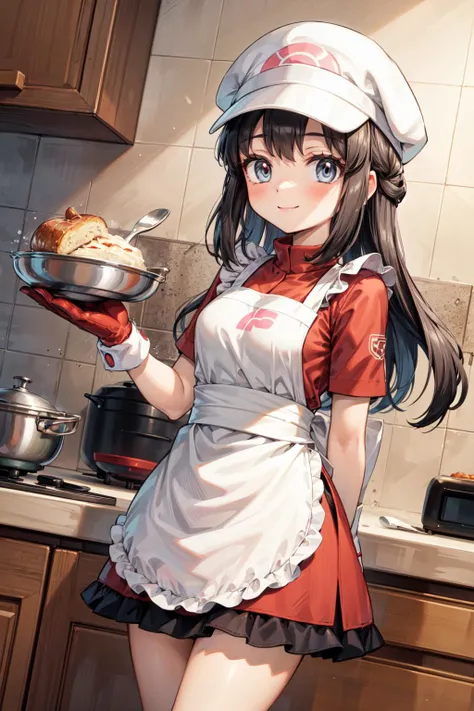 apron, kitchen, Newly Married, heart, , shy, Sideboob, ((Small breasts)), masterpiece, highest quality, High resolution, ro1, Hair Bun, Blue eyes, Twin tails, Visor Cap, pantyhose, NUDE, Black Stockings,