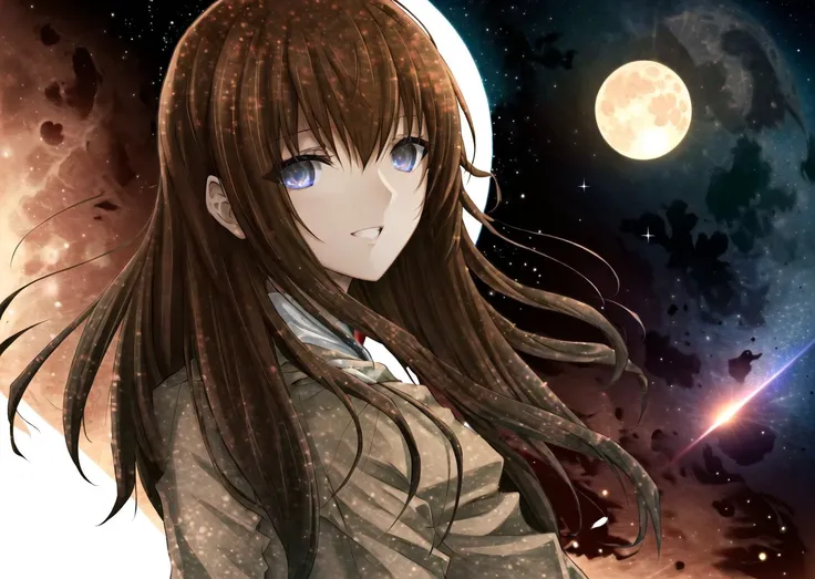 best quality, masterpiece, solo, 1girl, makise kurisu  <lora:Makise Kurisu:0.8> wearing coat, messy hair, floating hair, floating, ((space, earth, moon, galaxy)),  extremely detailed face, extremely detailed background. floating cloathes, floating objects, absurdres, [[happy]], ( (Light Leaks), [[Lens Flares]], Backlighting ), [night sky]