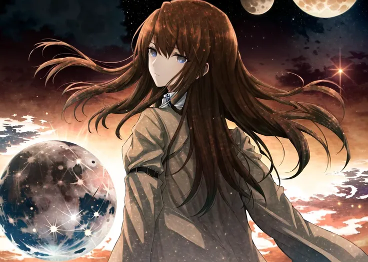 best quality, masterpiece, solo, 1girl, makise kurisu  <lora:Makise Kurisu:0.8> wearing coat, messy hair, floating hair, floating, ((space, earth, moon, galaxy)),  extremely detailed face, extremely detailed background. floating cloathes, floating objects, absurdres, [[happy]], ( (Light Leaks), [[Lens Flares]], Backlighting ), [night sky]