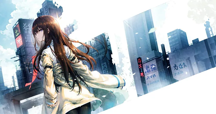 (best quality), (masterpiece), 1girl, finely detailed, highres, <lora:Makise Kurisu:0.8>, long hair, light purple eyes, beige coat, from behind, looking back, wide shot, tokyo, city, cityscape, (sunlight:1.1), sunny day, noon, blue sky, summer