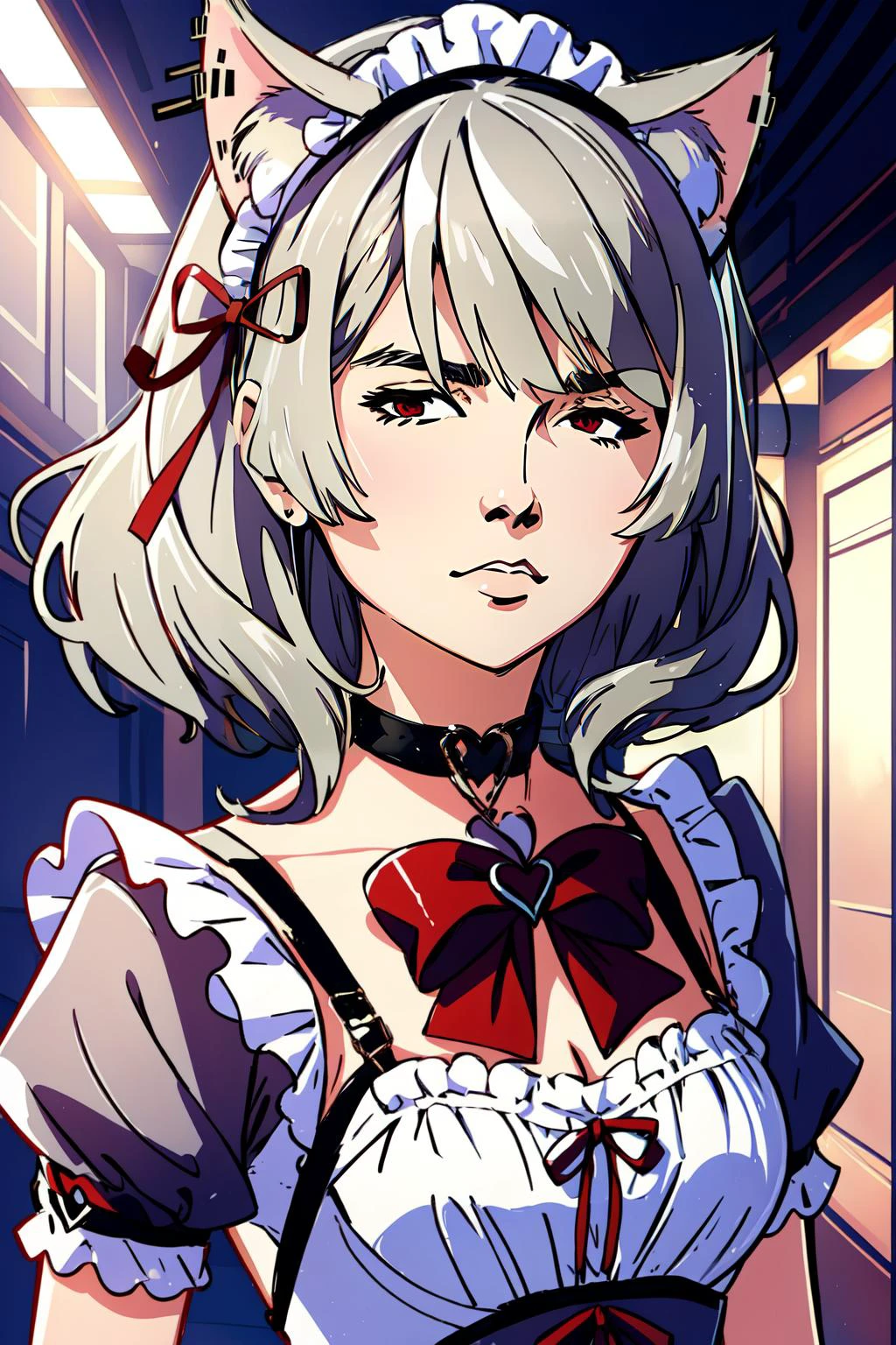 (masterpiece, best quality), intricate details,
1girl, <lora:SakamataMaid:0.8> sakamata, cat ears, red eyes, silver hair, collar, cuffs, maid outfit,
<lora:Yaranaika:0.8> YaranaikaFace,