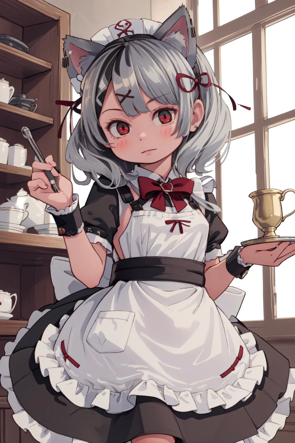 (masterpiece, best quality), intricate details,
1girl, <lora:SakamataMaid:0.8> sakamata, cat ears, red eyes, silver hair, , maid, maid headdress, wrist cuffs, maid apron,