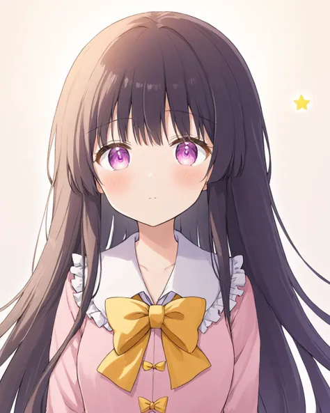 houraisan kaguya,1girl, solo, pink_shirt, white_background, looking_at_viewer, closed_mouth, simple_background, upper_body, blush, collared_shirt, yellow_bowtie, :<, hime_cut, backlighting, frilled_shirt_collar
<lora:houraisan_kaguya_image2025_2023-12-14:1>,star-shaped_pupils,symbol-shaped_pupils,. gorgeous,key visual, vibrant, studio anime,award-winning, professional, highly detailed,high budget, cinemascope