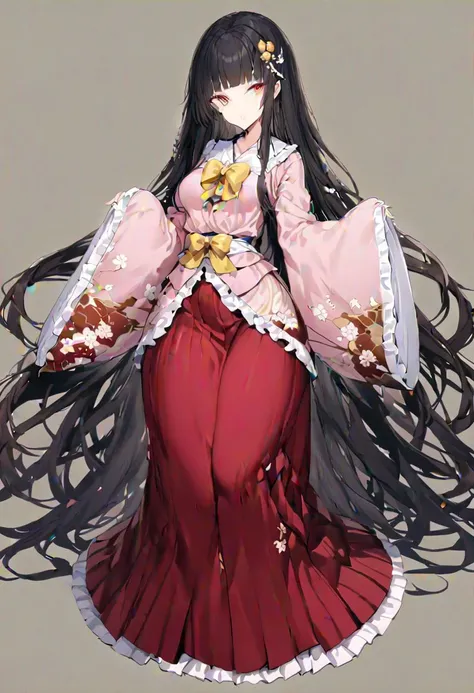 masterpiece, best quality, ultra-detailed, beautiful, nai3, 1girl, solo, full_body, tachi-e, 
houraisan_kaguya, solo, 1girl, lace, black_hair, long_hair, skirt, wide_sleeves, pink_shirt, red_skirt, long_skirt, very_long_hair, absurdly_long_hair, yellow_eyes, yellow_bow, jeweled_branch_of_hourai, bangs, shirt, red_eyes, long_sleeves, bow, frills, japanese_clothes, blunt_bangs, bowtie, sleeves_past_wrists, floral_print, frilled_skirt, white_bow, frilled_sleeves, sleeves_past_fingers, frilled_shirt_collar, hime_cut,