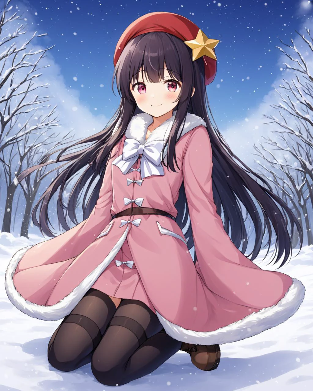 houraisan kaguya,1girl, solo, smile, fur_trim, looking_at_viewer, red_headwear, snow, outdoors, long_sleeves, snowing, boots, closed_mouth, thighhighs, wide_sleeves, blush, pink_coat, beret, tree, winter
<lora:houraisan_kaguya_image2025_2023--14:1>,star-shaped_pupils,symbol-shaped_pupils,. gorgeous,key visual, vibrant, studio anime,award-winning, professional, highly detailed,high budget, cinemascope