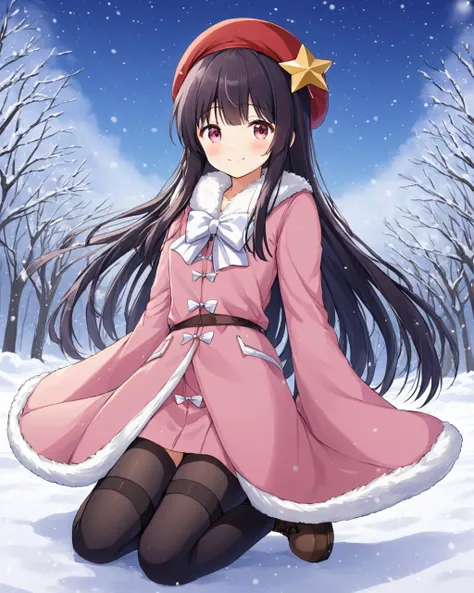 houraisan kaguya,1girl, solo, smile, fur_trim, looking_at_viewer, red_headwear, snow, outdoors, long_sleeves, snowing, boots, closed_mouth, thighhighs, wide_sleeves, blush, pink_coat, beret, tree, winter
<lora:houraisan_kaguya_image2025_2023-12-14:1>,star-shaped_pupils,symbol-shaped_pupils,. gorgeous,key visual, vibrant, studio anime,award-winning, professional, highly detailed,high budget, cinemascope