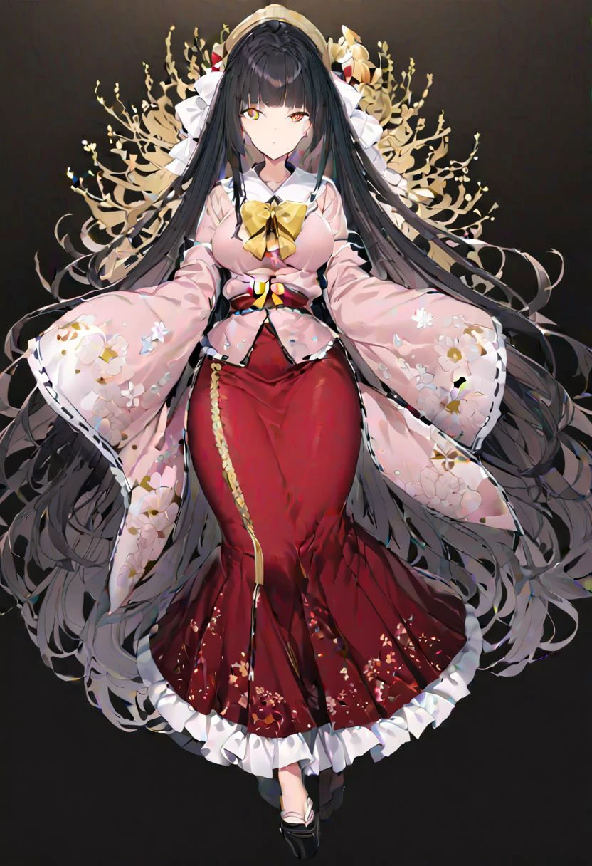 masterpiece, best quality, ultra-detailed, beautiful, nai3, 1girl, solo, full_body, tachi-e,
houraisan_kaguya, solo, 1girl, lace, black_hair, long_hair, skirt, wide_sleeves, pink_shirt, red_skirt, long_skirt, very_long_hair, absurdly_long_hair, yellow_eyes, yellow_bow, jeweled_branch_of_hourai, bangs, shirt, red_eyes, long_sleeves, bow, frills, japanese_clothes, blunt_bangs, bowtie, sleeves_past_wrists, floral_print, frilled_skirt, white_bow, frilled_sleeves, sleeves_past_fingers, frilled_shirt_collar, hime_cut,