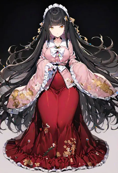 masterpiece, best quality, ultra-detailed, beautiful, nai3, 1girl, solo, full_body, tachi-e, 
houraisan_kaguya, solo, 1girl, lace, black_hair, long_hair, skirt, wide_sleeves, pink_shirt, red_skirt, long_skirt, very_long_hair, absurdly_long_hair, yellow_eyes, yellow_bow, jeweled_branch_of_hourai, bangs, shirt, red_eyes, long_sleeves, bow, frills, japanese_clothes, blunt_bangs, bowtie, sleeves_past_wrists, floral_print, frilled_skirt, white_bow, frilled_sleeves, sleeves_past_fingers, frilled_shirt_collar, hime_cut,