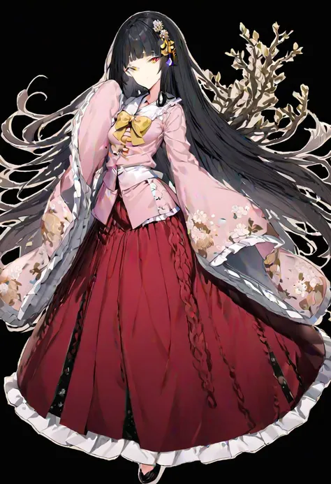 masterpiece, best quality, ultra-detailed, beautiful, nai3, 1girl, solo, full_body, tachi-e, 
houraisan_kaguya, solo, 1girl, lace, black_hair, long_hair, skirt, wide_sleeves, pink_shirt, red_skirt, long_skirt, very_long_hair, absurdly_long_hair, yellow_eyes, yellow_bow, jeweled_branch_of_hourai, bangs, shirt, red_eyes, long_sleeves, bow, frills, japanese_clothes, blunt_bangs, bowtie, sleeves_past_wrists, floral_print, frilled_skirt, white_bow, frilled_sleeves, sleeves_past_fingers, frilled_shirt_collar, hime_cut,