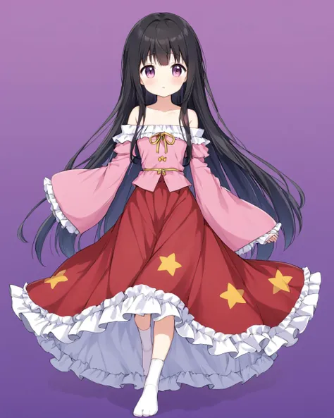 houraisan kaguya,1girl, solo, red_skirt, purple_background, looking_at_viewer, long_sleeves, wariza, bare_shoulders, pink_shirt, wide_sleeves, off_shoulder, blush, white_socks, parted_lips, no_shoes, gradient, gradient_background, simple_background, sidelocks, frills, petticoat, from_side
<lora:houraisan_kaguya_image2025_2023-12-14:1>,star-shaped_pupils,symbol-shaped_pupils,. gorgeous,key visual, vibrant, studio anime,award-winning, professional, highly detailed,high budget, cinemascope