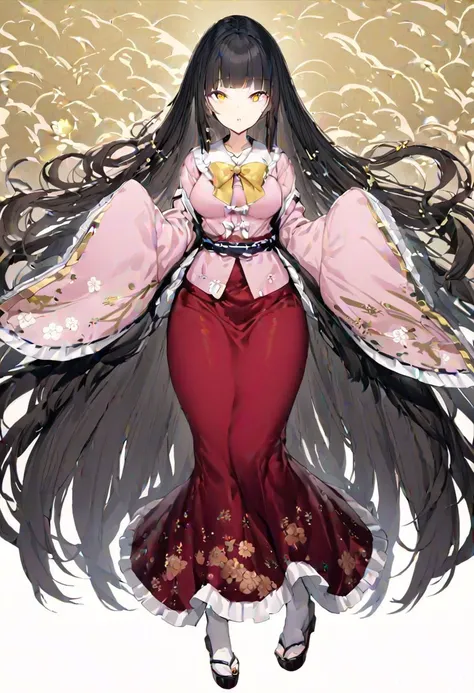 masterpiece, best quality, ultra-detailed, beautiful, nai3, 1girl, solo, full_body, tachi-e, 
houraisan_kaguya, solo, 1girl, lace, black_hair, long_hair, skirt, wide_sleeves, pink_shirt, red_skirt, long_skirt, very_long_hair, absurdly_long_hair, yellow_eyes, yellow_bow, jeweled_branch_of_hourai, bangs, shirt, red_eyes, long_sleeves, bow, frills, japanese_clothes, blunt_bangs, bowtie, sleeves_past_wrists, floral_print, frilled_skirt, white_bow, frilled_sleeves, sleeves_past_fingers, frilled_shirt_collar, hime_cut,