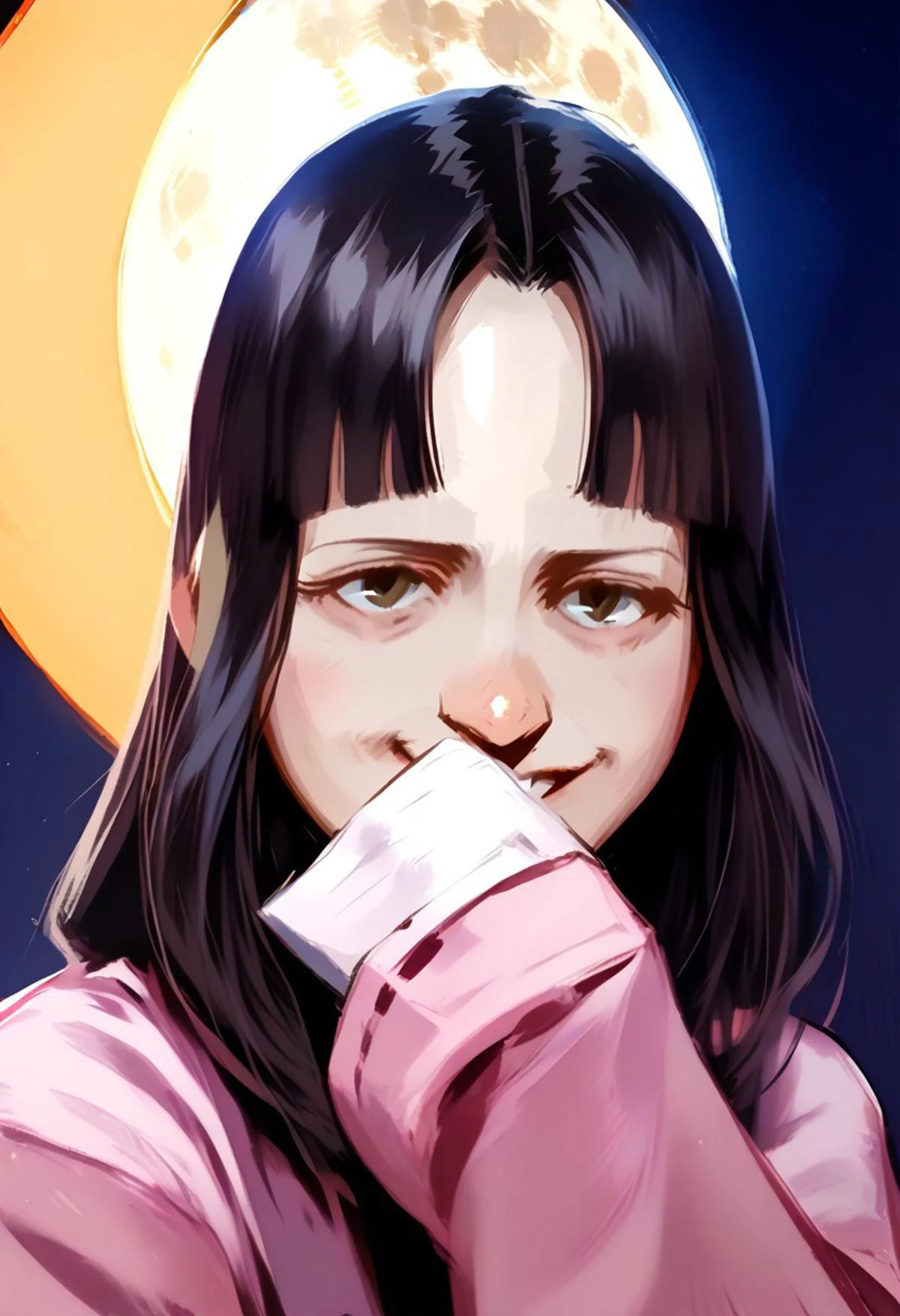score_9, score_8_up, score_7_up, <lora:disco_elysium_v1_pruned:1>, highly detailed, beautiful painting, painting, painting_\(medium\), painterly, faux traditional media, portrait, artistic, fog, (de-thoughts:1.3),
<lora:kaguya.pony:1.5>, eyes under hair, (head tilted forward:2), leaning forward,
1girl, houraisan kaguya, ,small head, thin face, small nose, button nose, beautiful girl, japanese girl, solo, (long hair, long bangs, black hair:1.3, hime cut:1.2, eyes covered by hair, eyes covered by hair:1.2), (shadow over forehead:1.2), eyes in shadow, eyes not visible, eyes covered by hair, one eye open, brown eyes,
one arm lifted in front of mouth, long sleeves, wide sleeves, (sleeves slightly covering mouth:1.3),
pink dress, sleeves covering mouth,
closed mouth, smirk, grin, giggling, arrogant expression,
background: night, moon, night sky, (moon:1.2), detailed moon,