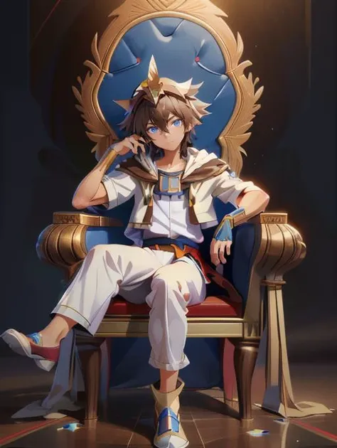 best quality, masterpiece, highres, detailed, digital artwork, <lora:Detail - add_detail:0.2> , PharaohCh, <lyco:Change - PharaohCh:0.8>, 1man, egyptian headdress, white robes, Sora-KHII, brown hair, spiked hair, blue eyes, <lora:Character - SoraKHII:0.7>, sitting on a throne,