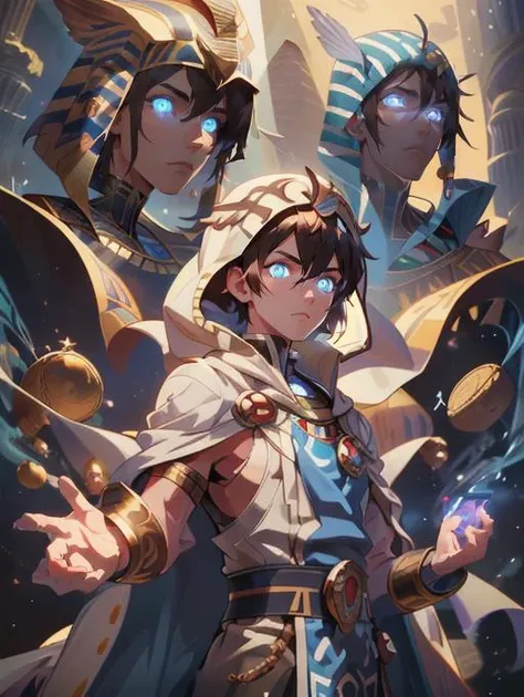 best quality, masterpiece, highres, detailed, digital artwork, <lora:Detail - add_detail:0.2> , PharaohCh, <lyco:Change - PharaohCh:0.8>, 1man, egyptian headdress, white robes, JaceMind, brown hair, blue eyes, glowing eyes, casting magic, <lora:Character - JaceM:0.6>, short hair, 1boy,
